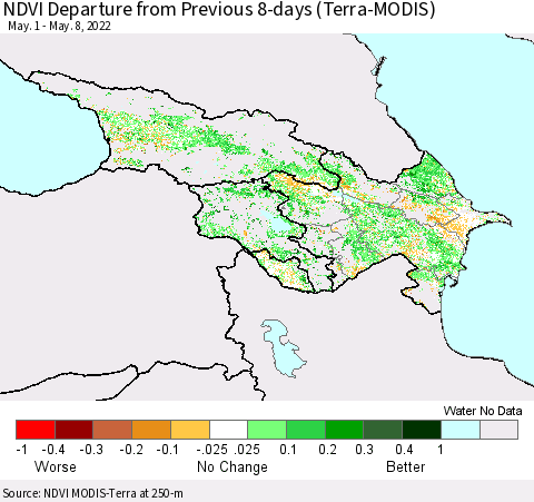 Azerbaijan, Armenia and Georgia NDVI Departure from Previous 8-days (Terra-MODIS) Thematic Map For 5/1/2022 - 5/8/2022