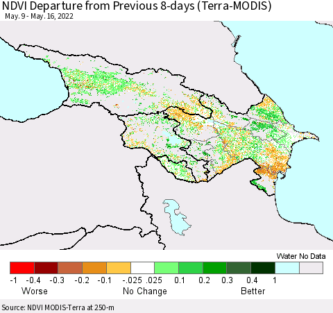 Azerbaijan, Armenia and Georgia NDVI Departure from Previous 8-days (Terra-MODIS) Thematic Map For 5/9/2022 - 5/16/2022