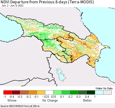 Azerbaijan, Armenia and Georgia NDVI Departure from Previous 8-days (Terra-MODIS) Thematic Map For 6/2/2022 - 6/9/2022