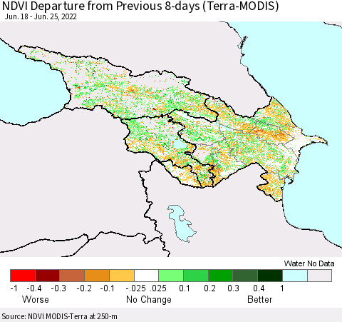 Azerbaijan, Armenia and Georgia NDVI Departure from Previous 8-days (Terra-MODIS) Thematic Map For 6/18/2022 - 6/25/2022
