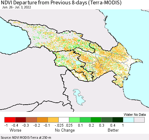 Azerbaijan, Armenia and Georgia NDVI Departure from Previous 8-days (Terra-MODIS) Thematic Map For 6/26/2022 - 7/3/2022