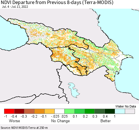 Azerbaijan, Armenia and Georgia NDVI Departure from Previous 8-days (Terra-MODIS) Thematic Map For 7/4/2022 - 7/11/2022