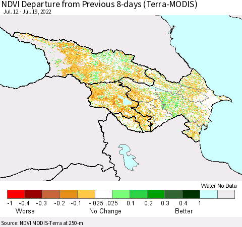 Azerbaijan, Armenia and Georgia NDVI Departure from Previous 8-days (Terra-MODIS) Thematic Map For 7/12/2022 - 7/19/2022