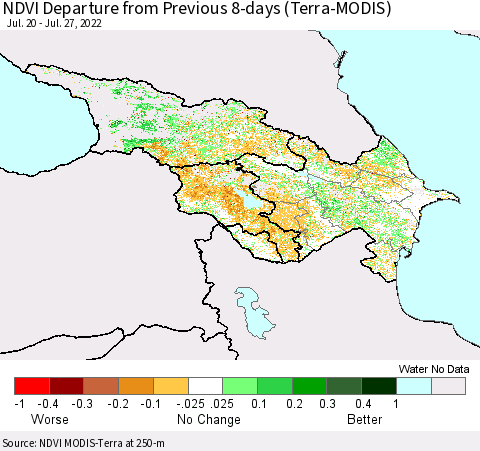 Azerbaijan, Armenia and Georgia NDVI Departure from Previous 8-days (Terra-MODIS) Thematic Map For 7/20/2022 - 7/27/2022