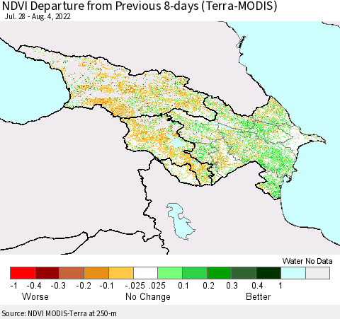 Azerbaijan, Armenia and Georgia NDVI Departure from Previous 8-days (Terra-MODIS) Thematic Map For 7/28/2022 - 8/4/2022