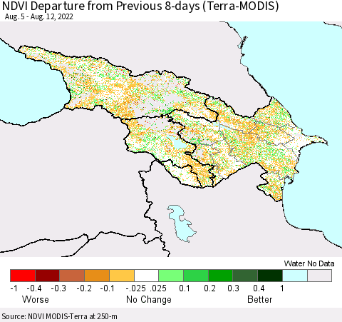 Azerbaijan, Armenia and Georgia NDVI Departure from Previous 8-days (Terra-MODIS) Thematic Map For 8/5/2022 - 8/12/2022