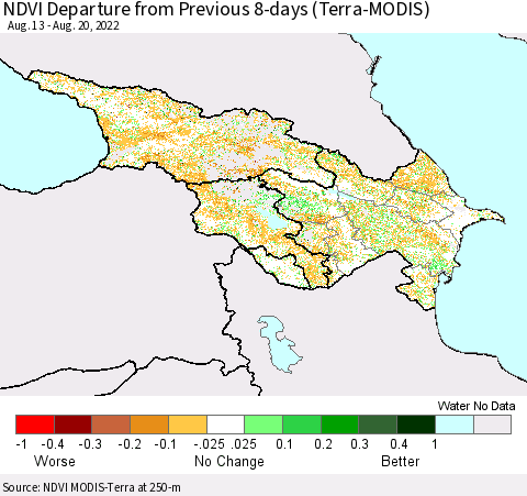 Azerbaijan, Armenia and Georgia NDVI Departure from Previous 8-days (Terra-MODIS) Thematic Map For 8/13/2022 - 8/20/2022