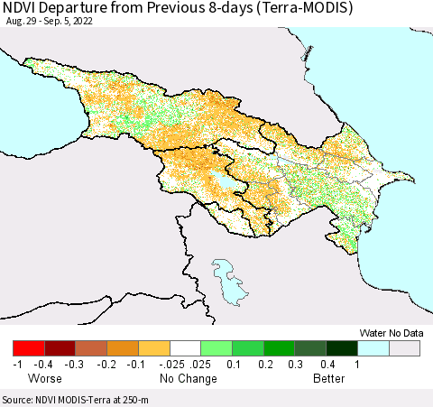 Azerbaijan, Armenia and Georgia NDVI Departure from Previous 8-days (Terra-MODIS) Thematic Map For 8/29/2022 - 9/5/2022