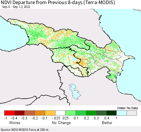Azerbaijan, Armenia and Georgia NDVI Departure from Previous 8-days (Terra-MODIS) Thematic Map For 9/6/2022 - 9/13/2022
