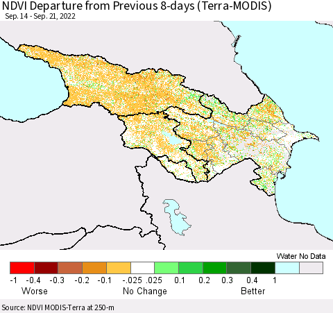 Azerbaijan, Armenia and Georgia NDVI Departure from Previous 8-days (Terra-MODIS) Thematic Map For 9/14/2022 - 9/21/2022