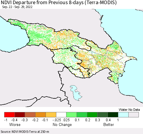 Azerbaijan, Armenia and Georgia NDVI Departure from Previous 8-days (Terra-MODIS) Thematic Map For 9/22/2022 - 9/29/2022