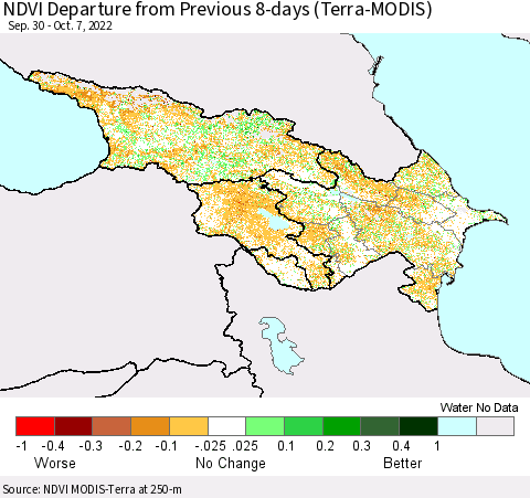 Azerbaijan, Armenia and Georgia NDVI Departure from Previous 8-days (Terra-MODIS) Thematic Map For 9/30/2022 - 10/7/2022