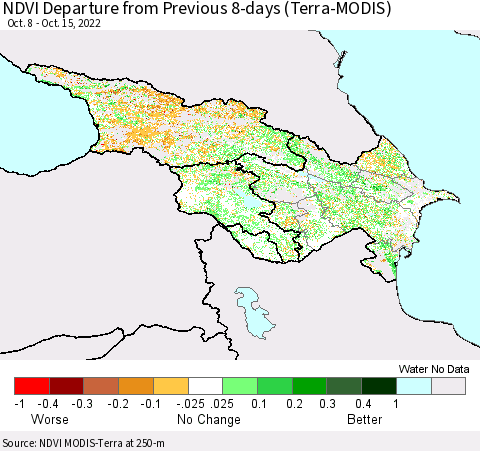Azerbaijan, Armenia and Georgia NDVI Departure from Previous 8-days (Terra-MODIS) Thematic Map For 10/8/2022 - 10/15/2022
