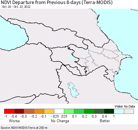 Azerbaijan, Armenia and Georgia NDVI Departure from Previous 8-days (Terra-MODIS) Thematic Map For 10/16/2022 - 10/23/2022