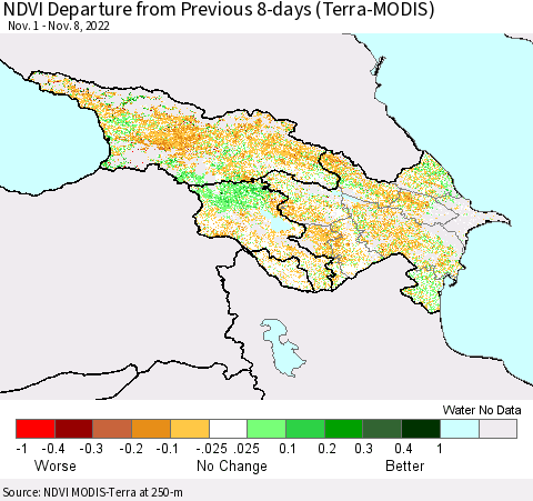 Azerbaijan, Armenia and Georgia NDVI Departure from Previous 8-days (Terra-MODIS) Thematic Map For 11/1/2022 - 11/8/2022