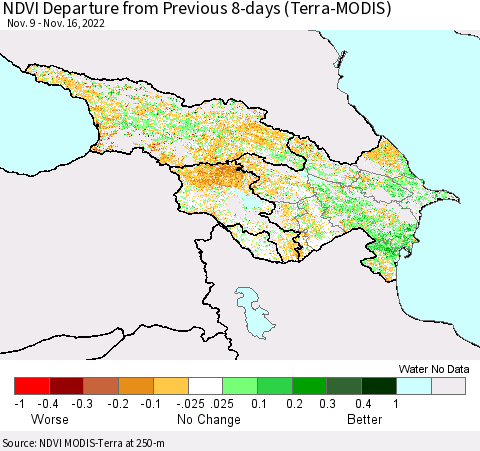 Azerbaijan, Armenia and Georgia NDVI Departure from Previous 8-days (Terra-MODIS) Thematic Map For 11/9/2022 - 11/16/2022