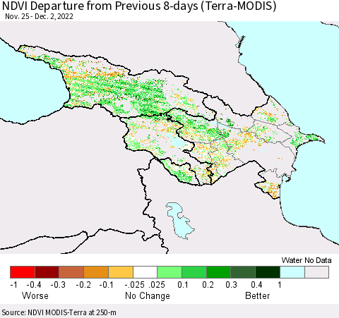 Azerbaijan, Armenia and Georgia NDVI Departure from Previous 8-days (Terra-MODIS) Thematic Map For 11/25/2022 - 12/2/2022
