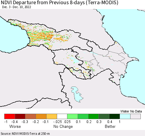 Azerbaijan, Armenia and Georgia NDVI Departure from Previous 8-days (Terra-MODIS) Thematic Map For 12/3/2022 - 12/10/2022