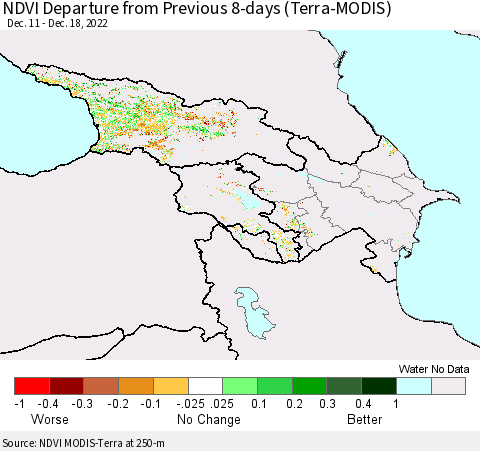 Azerbaijan, Armenia and Georgia NDVI Departure from Previous 8-days (Terra-MODIS) Thematic Map For 12/11/2022 - 12/18/2022