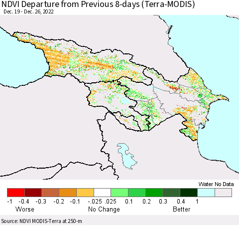 Azerbaijan, Armenia and Georgia NDVI Departure from Previous 8-days (Terra-MODIS) Thematic Map For 12/26/2022 - 1/2/2023