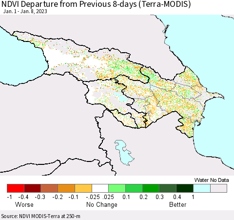Azerbaijan, Armenia and Georgia NDVI Departure from Previous 8-days (Terra-MODIS) Thematic Map For 1/1/2023 - 1/8/2023