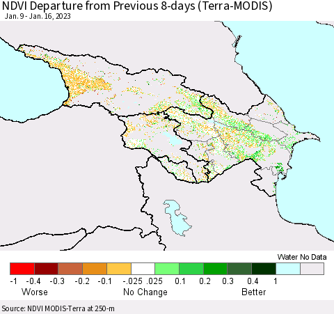 Azerbaijan, Armenia and Georgia NDVI Departure from Previous 8-days (Terra-MODIS) Thematic Map For 1/9/2023 - 1/16/2023