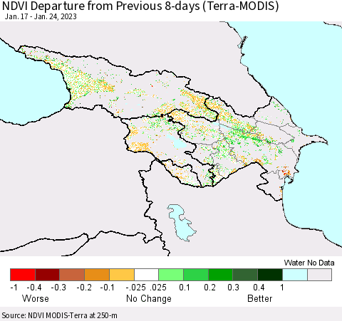 Azerbaijan, Armenia and Georgia NDVI Departure from Previous 8-days (Terra-MODIS) Thematic Map For 1/17/2023 - 1/24/2023