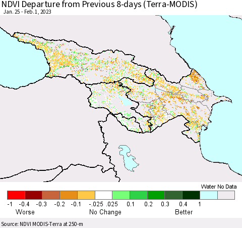 Azerbaijan, Armenia and Georgia NDVI Departure from Previous 8-days (Terra-MODIS) Thematic Map For 1/25/2023 - 2/1/2023