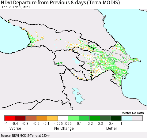 Azerbaijan, Armenia and Georgia NDVI Departure from Previous 8-days (Terra-MODIS) Thematic Map For 2/2/2023 - 2/9/2023