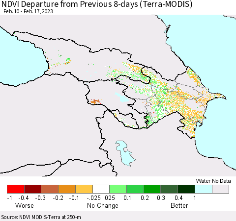 Azerbaijan, Armenia and Georgia NDVI Departure from Previous 8-days (Terra-MODIS) Thematic Map For 2/10/2023 - 2/17/2023