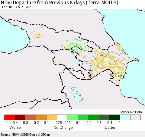 Azerbaijan, Armenia and Georgia NDVI Departure from Previous 8-days (Terra-MODIS) Thematic Map For 2/18/2023 - 2/25/2023