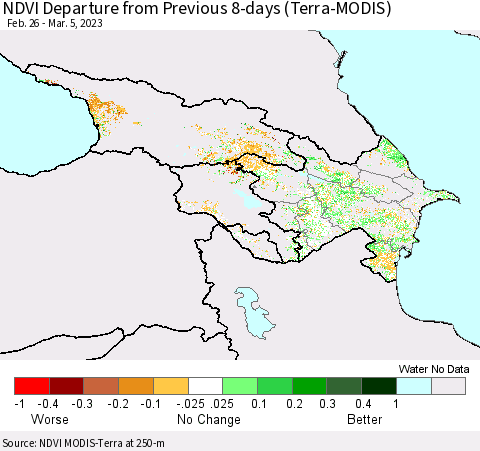 Azerbaijan, Armenia and Georgia NDVI Departure from Previous 8-days (Terra-MODIS) Thematic Map For 2/26/2023 - 3/5/2023