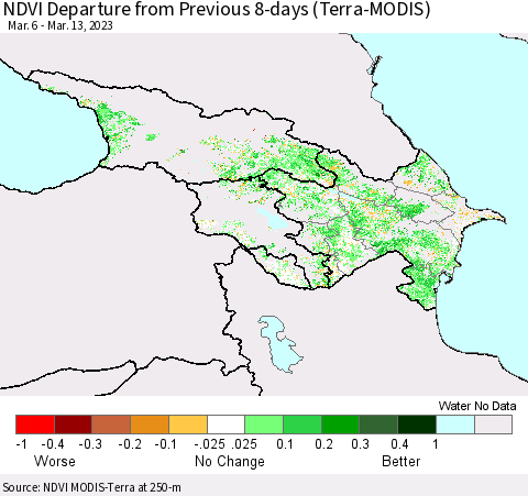 Azerbaijan, Armenia and Georgia NDVI Departure from Previous 8-days (Terra-MODIS) Thematic Map For 3/6/2023 - 3/13/2023