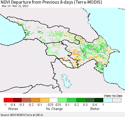 Azerbaijan, Armenia and Georgia NDVI Departure from Previous 8-days (Terra-MODIS) Thematic Map For 3/14/2023 - 3/21/2023