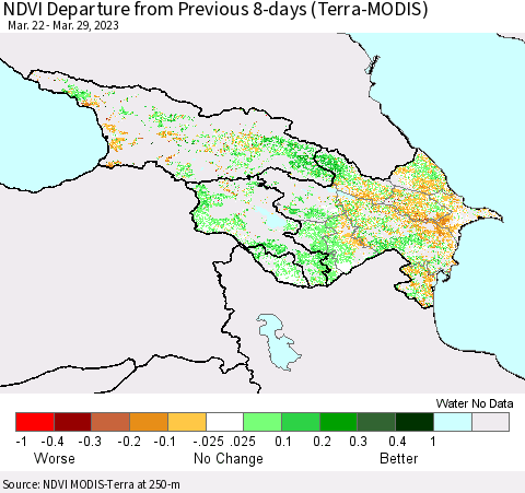 Azerbaijan, Armenia and Georgia NDVI Departure from Previous 8-days (Terra-MODIS) Thematic Map For 3/22/2023 - 3/29/2023