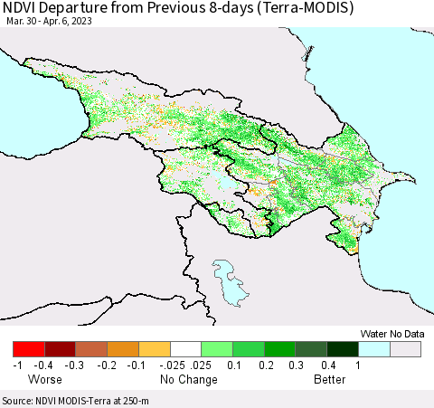 Azerbaijan, Armenia and Georgia NDVI Departure from Previous 8-days (Terra-MODIS) Thematic Map For 3/30/2023 - 4/6/2023