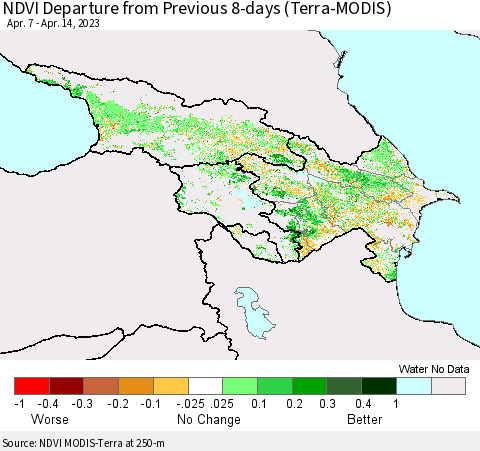 Azerbaijan, Armenia and Georgia NDVI Departure from Previous 8-days (Terra-MODIS) Thematic Map For 4/7/2023 - 4/14/2023