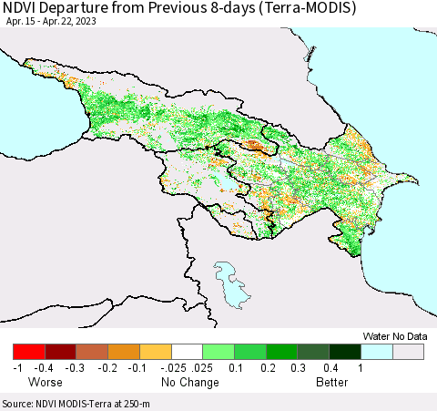 Azerbaijan, Armenia and Georgia NDVI Departure from Previous 8-days (Terra-MODIS) Thematic Map For 4/15/2023 - 4/22/2023