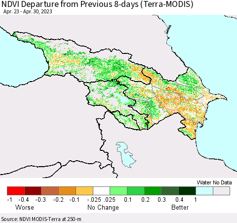 Azerbaijan, Armenia and Georgia NDVI Departure from Previous 8-days (Terra-MODIS) Thematic Map For 4/23/2023 - 4/30/2023
