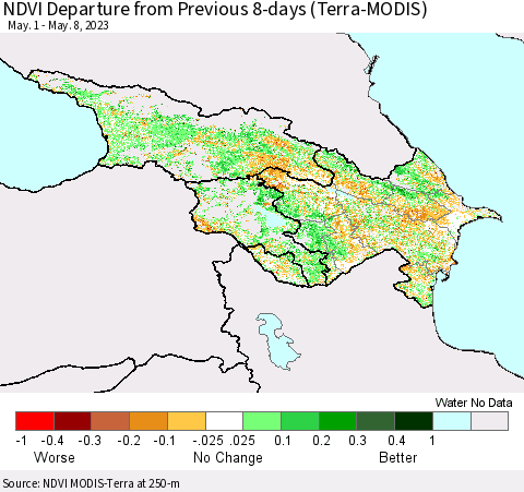 Azerbaijan, Armenia and Georgia NDVI Departure from Previous 8-days (Terra-MODIS) Thematic Map For 5/1/2023 - 5/8/2023