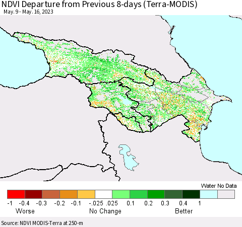 Azerbaijan, Armenia and Georgia NDVI Departure from Previous 8-days (Terra-MODIS) Thematic Map For 5/9/2023 - 5/16/2023