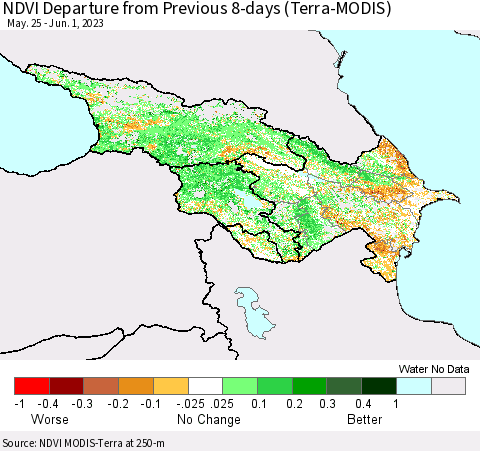 Azerbaijan, Armenia and Georgia NDVI Departure from Previous 8-days (Terra-MODIS) Thematic Map For 5/25/2023 - 6/1/2023