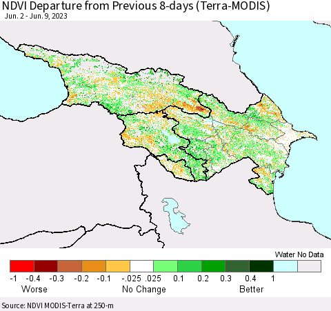 Azerbaijan, Armenia and Georgia NDVI Departure from Previous 8-days (Terra-MODIS) Thematic Map For 6/2/2023 - 6/9/2023