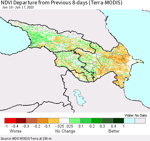 Azerbaijan, Armenia and Georgia NDVI Departure from Previous 8-days (Terra-MODIS) Thematic Map For 6/10/2023 - 6/17/2023