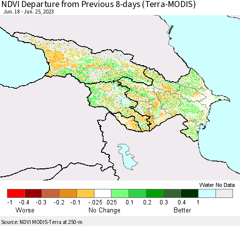Azerbaijan, Armenia and Georgia NDVI Departure from Previous 8-days (Terra-MODIS) Thematic Map For 6/18/2023 - 6/25/2023