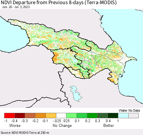 Azerbaijan, Armenia and Georgia NDVI Departure from Previous 8-days (Terra-MODIS) Thematic Map For 6/26/2023 - 7/3/2023