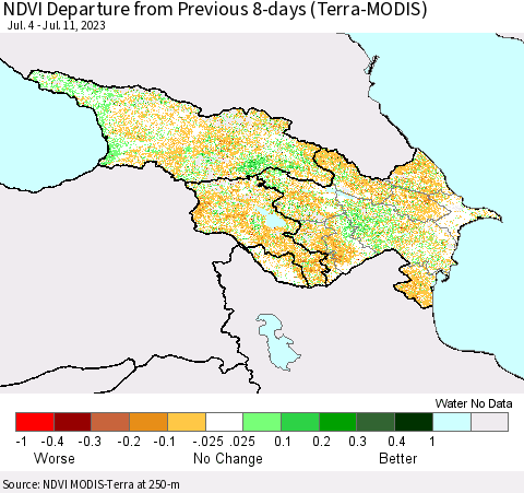 Azerbaijan, Armenia and Georgia NDVI Departure from Previous 8-days (Terra-MODIS) Thematic Map For 7/4/2023 - 7/11/2023