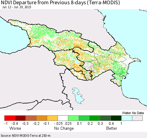 Azerbaijan, Armenia and Georgia NDVI Departure from Previous 8-days (Terra-MODIS) Thematic Map For 7/12/2023 - 7/19/2023