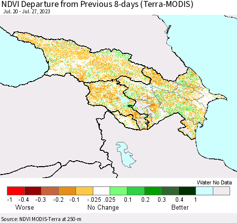 Azerbaijan, Armenia and Georgia NDVI Departure from Previous 8-days (Terra-MODIS) Thematic Map For 7/20/2023 - 7/27/2023