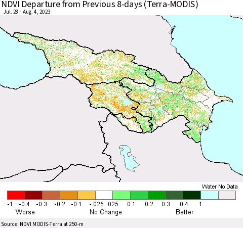 Azerbaijan, Armenia and Georgia NDVI Departure from Previous 8-days (Terra-MODIS) Thematic Map For 7/28/2023 - 8/4/2023